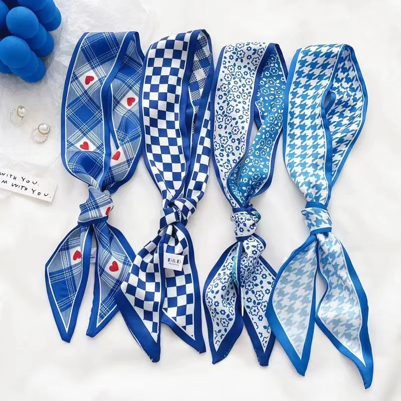 Ascot Neck Scarf - Kleinblauer Seidenschal, neues Schachbrett-Stirnband für Damen,